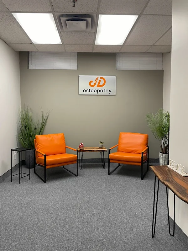 JD Osteopathy Mississauga waiting room at 5025 Orbitor Drive, Building 1, Suite 101